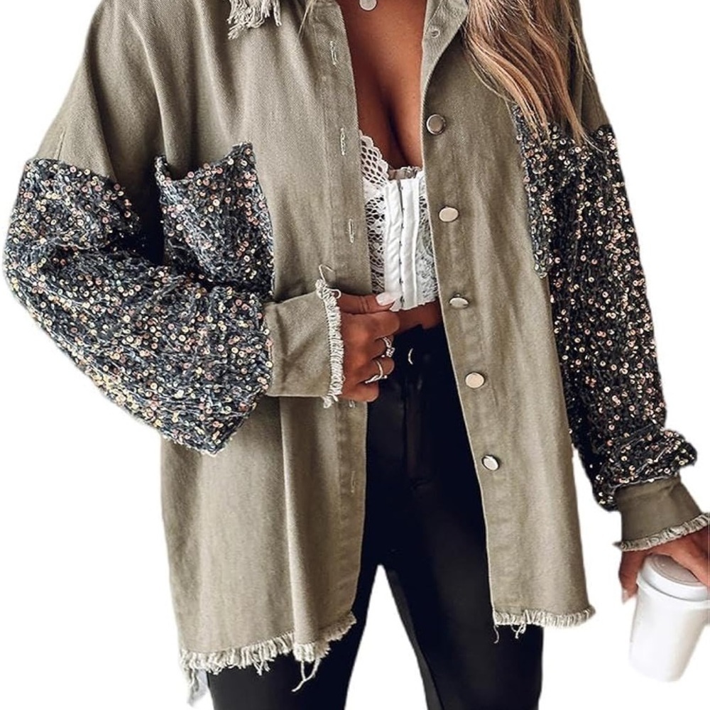 Womens Sequin Patchwork Long Sleeve Oversized Denim Shacket - Picture 2 of 9